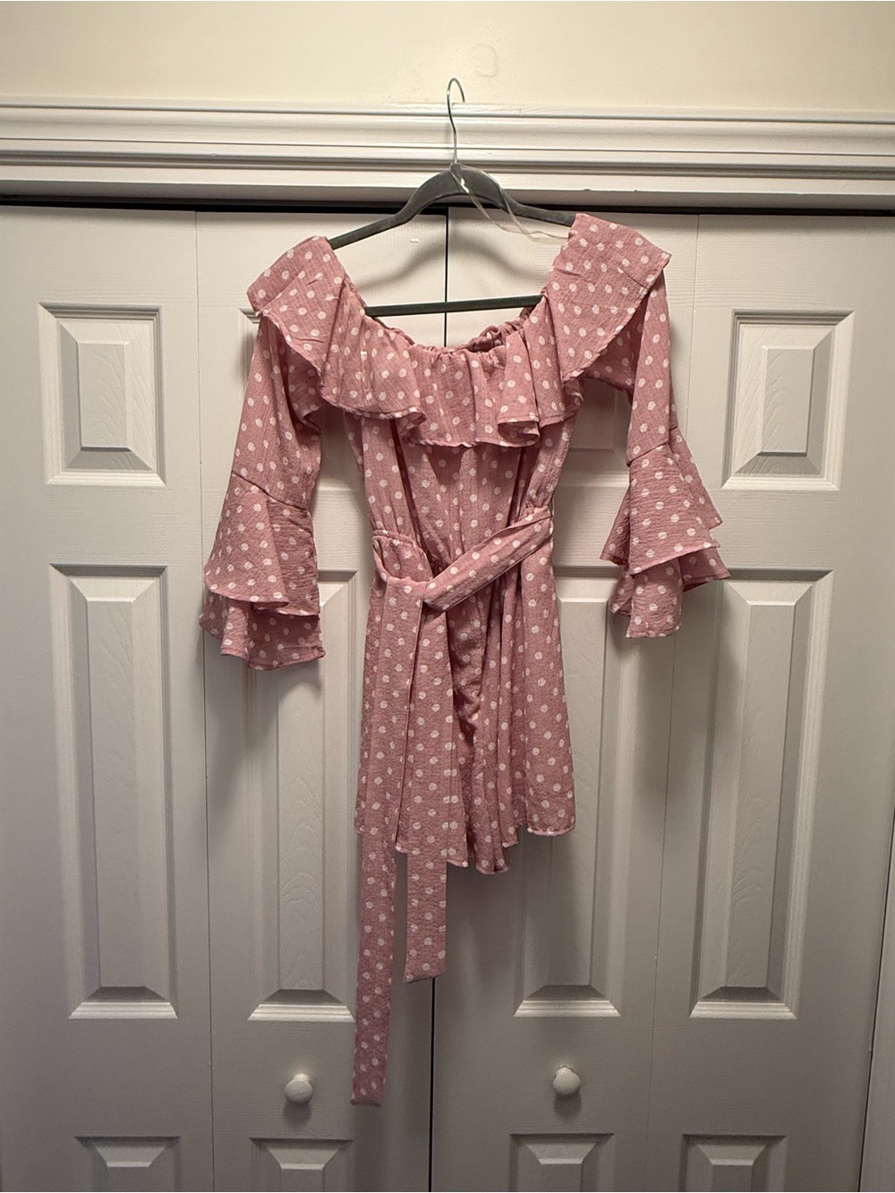 FAVLUX Pink Polka Dot Off-Shoulder Ruffle Top